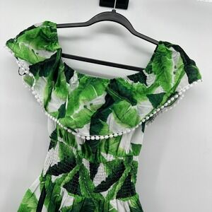 Forever 21 Green Palm Leaf Print Dress Smocked Mini Ruffle Womens‎ Large